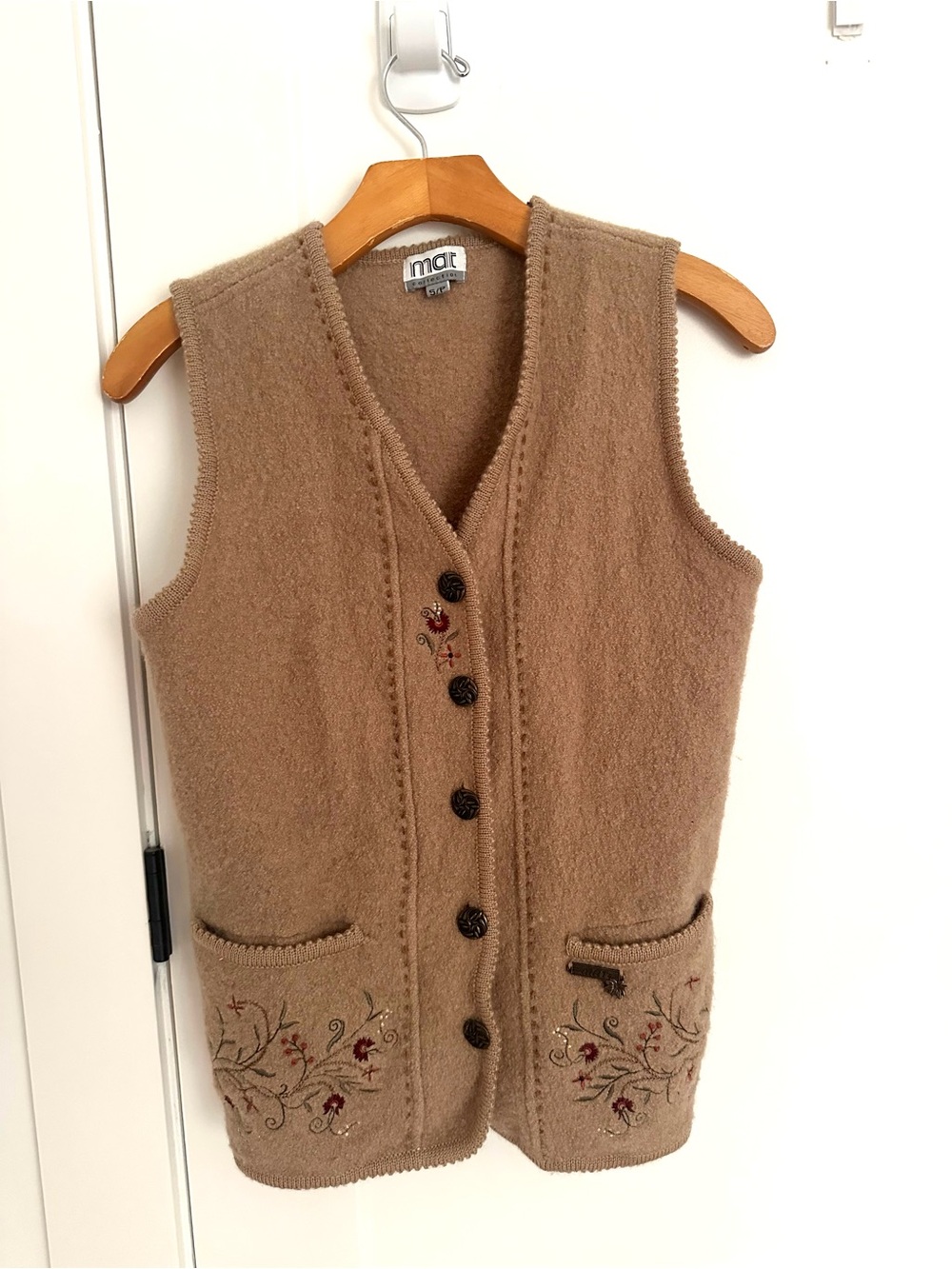 mat. Tan Embroidered V-Neck Wool-Blend Vest size S